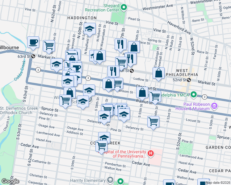 map of restaurants, bars, coffee shops, grocery stores, and more near 144-50 North 57th Street in Philadelphia
