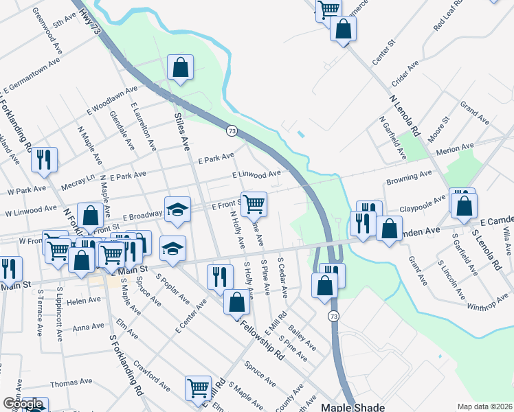 map of restaurants, bars, coffee shops, grocery stores, and more near 38 North Pine Avenue in Maple Shade