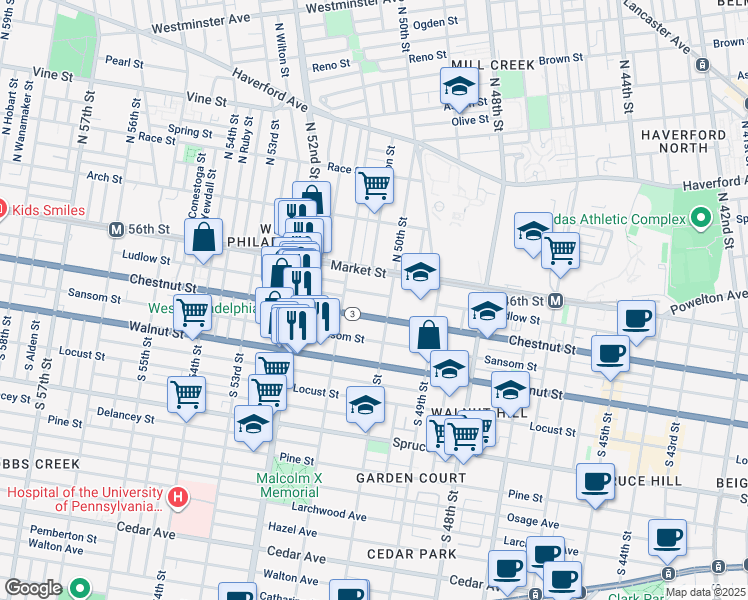map of restaurants, bars, coffee shops, grocery stores, and more near 5022 Ludlow Street in Philadelphia
