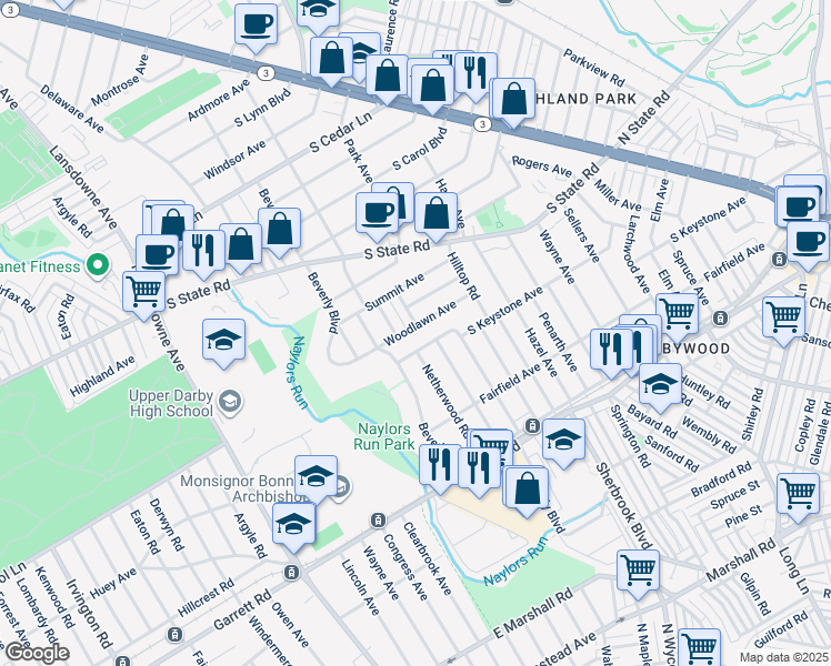map of restaurants, bars, coffee shops, grocery stores, and more near 135 Woodlawn Avenue in Upper Darby