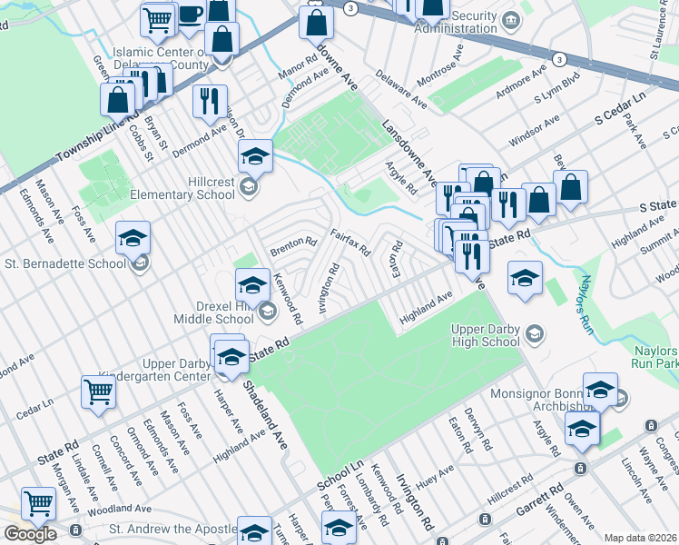 map of restaurants, bars, coffee shops, grocery stores, and more near 2554 Irvington Road in Drexel Hill