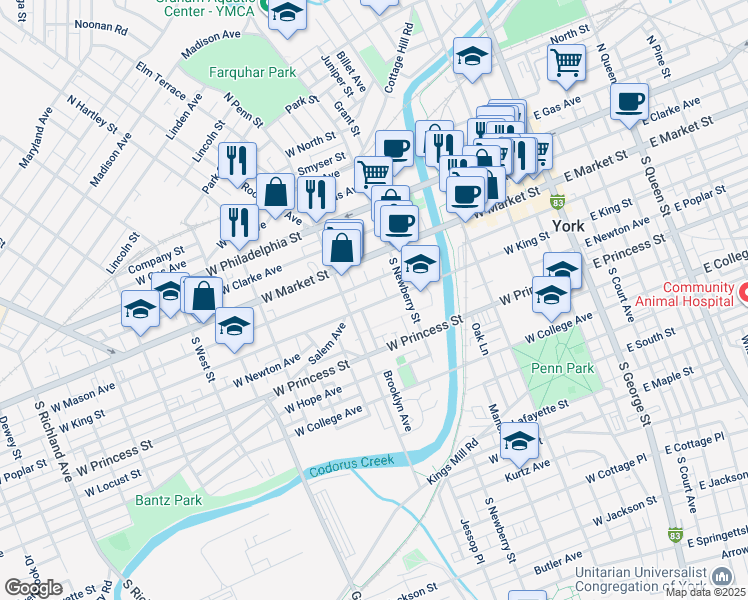 map of restaurants, bars, coffee shops, grocery stores, and more near 345 West King Street in York