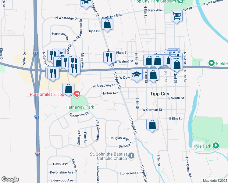 map of restaurants, bars, coffee shops, grocery stores, and more near 527 Horton Avenue in Tipp City