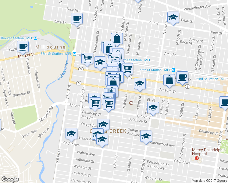 map of restaurants, bars, coffee shops, grocery stores, and more near 205 South 60th Street in Philadelphia