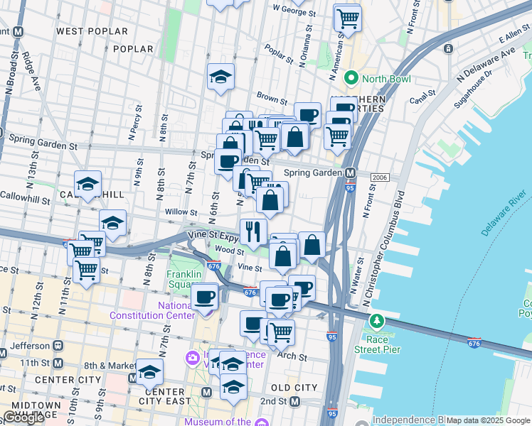 map of restaurants, bars, coffee shops, grocery stores, and more near 430 North 4th Street in Philadelphia