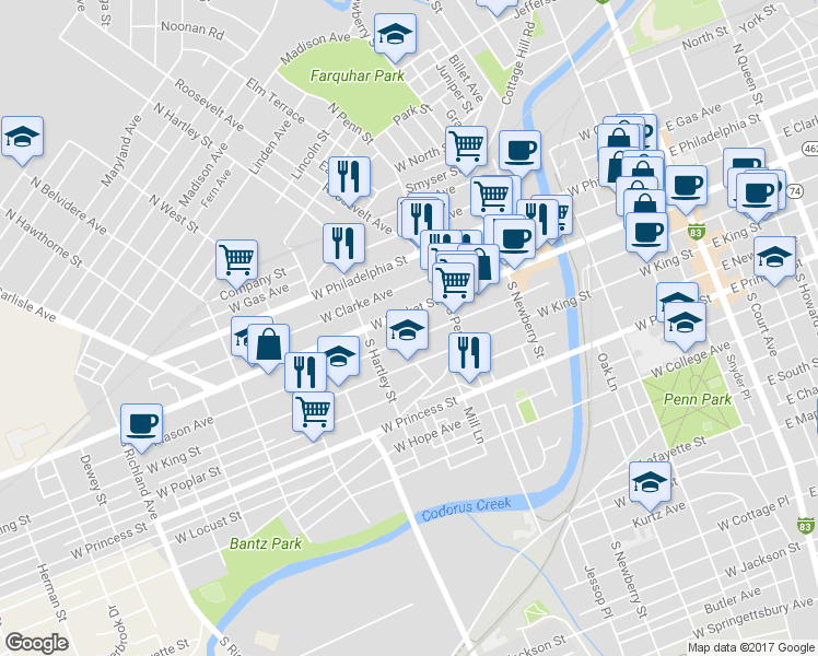 map of restaurants, bars, coffee shops, grocery stores, and more near 442 West Market Street in York