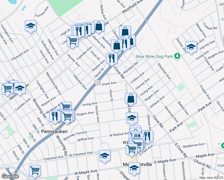 map of restaurants, bars, coffee shops, grocery stores, and more near 6305 Harvey Avenue in Pennsauken