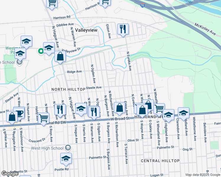 map of restaurants, bars, coffee shops, grocery stores, and more near 153 North Terrace Avenue in Columbus
