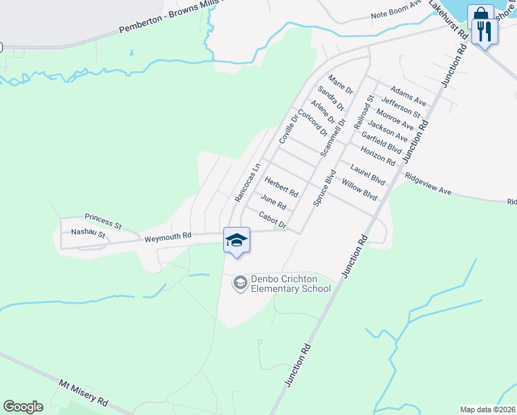 map of restaurants, bars, coffee shops, grocery stores, and more near 608 Cabot Drive in Pemberton Township