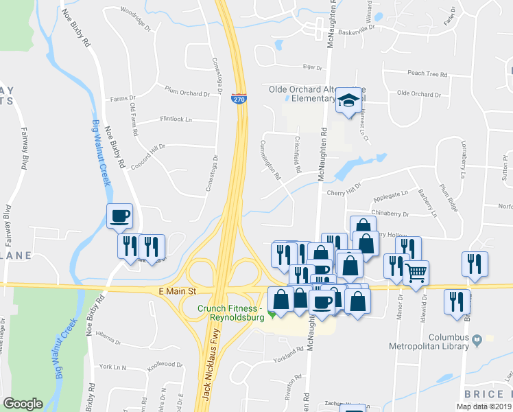 map of restaurants, bars, coffee shops, grocery stores, and more near 5849 Effingham Road in Columbus