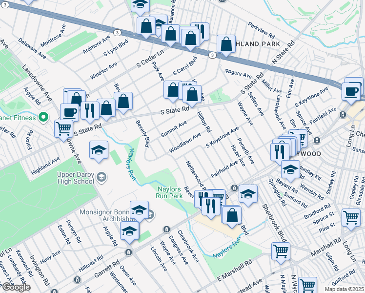 map of restaurants, bars, coffee shops, grocery stores, and more near 135 Woodlawn Avenue in Upper Darby