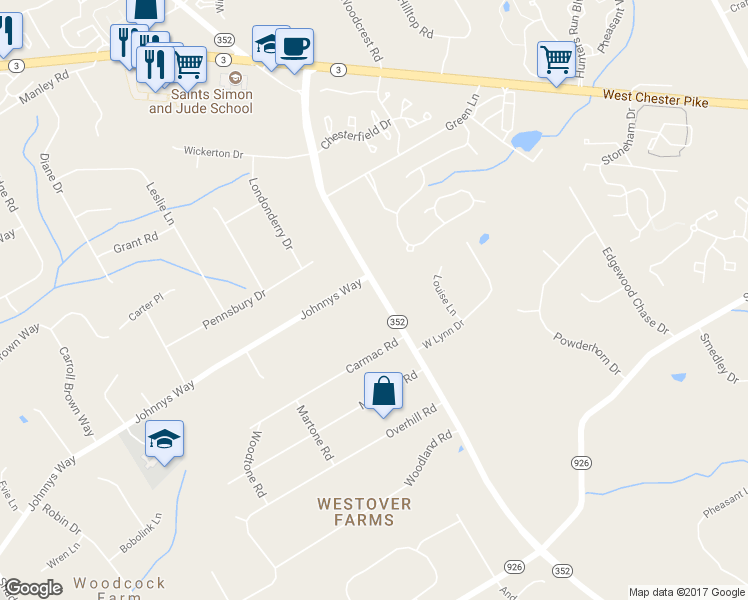 map of restaurants, bars, coffee shops, grocery stores, and more near 904 South Chester Road in West Chester