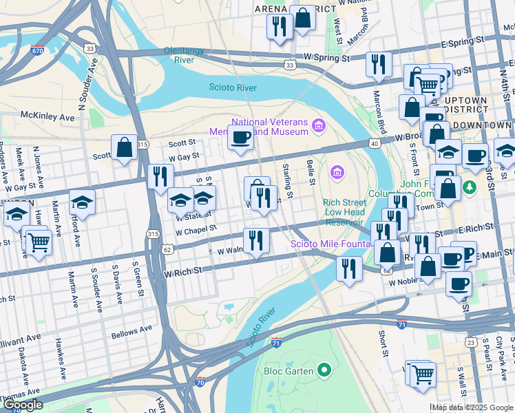 map of restaurants, bars, coffee shops, grocery stores, and more near 421 West State Street in Columbus