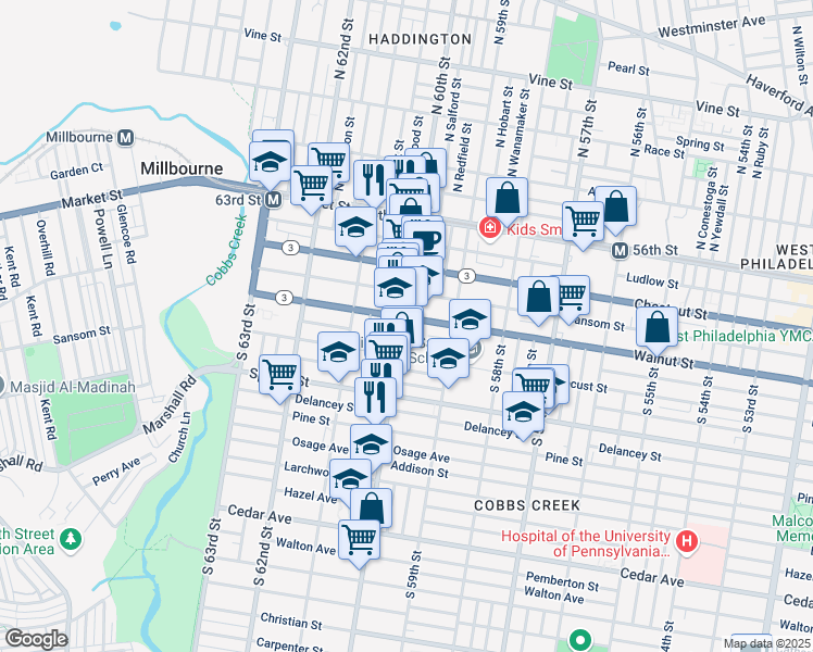 map of restaurants, bars, coffee shops, grocery stores, and more near 207 South 60th Street in Philadelphia