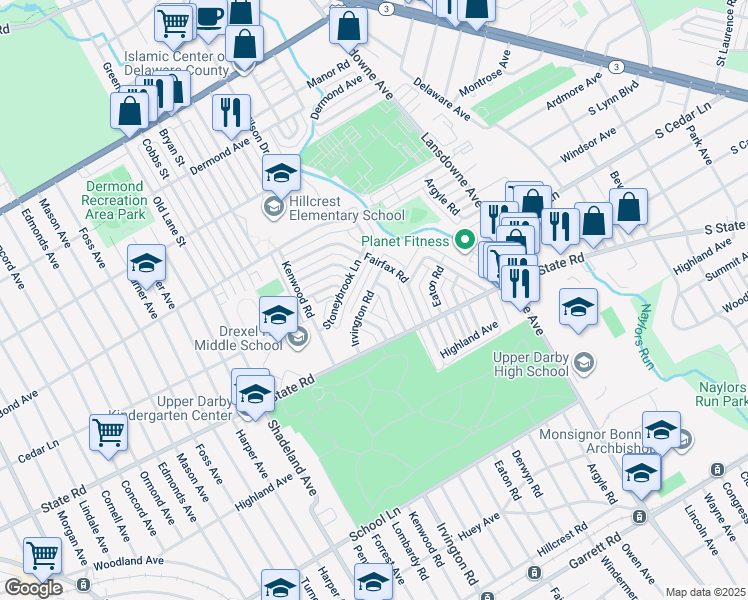 map of restaurants, bars, coffee shops, grocery stores, and more near 2548 Irvington Road in Drexel Hill