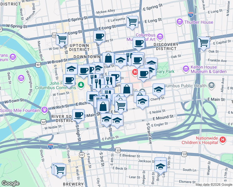 map of restaurants, bars, coffee shops, grocery stores, and more near 32 South 5th Street in Columbus