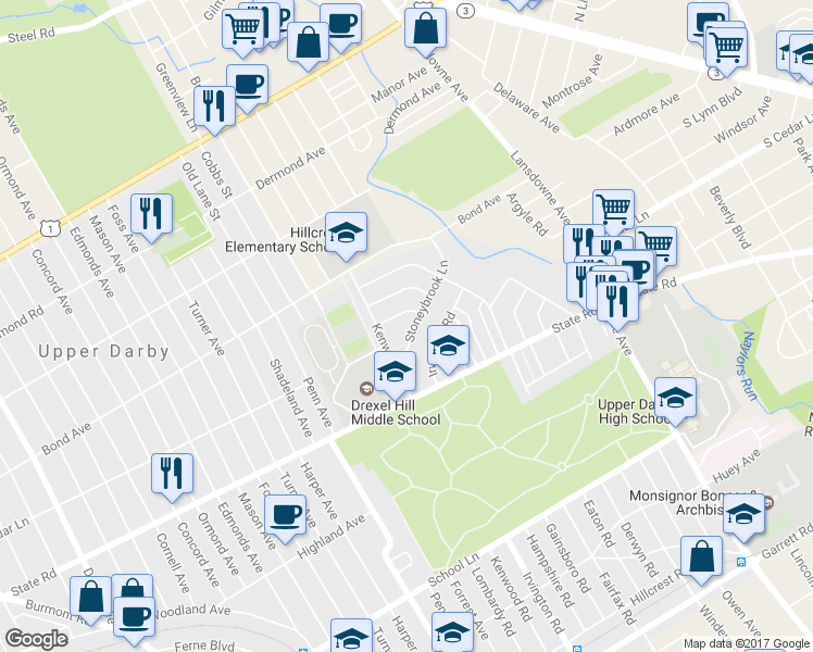 map of restaurants, bars, coffee shops, grocery stores, and more near 2565 Stoneybrook Lane in Upper Darby