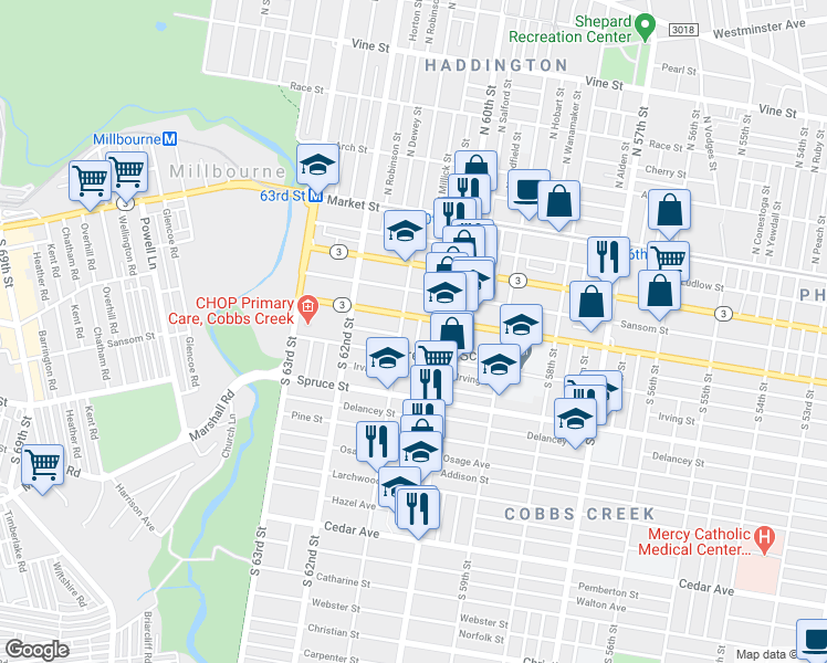 map of restaurants, bars, coffee shops, grocery stores, and more near 214 South Millick Street in Philadelphia