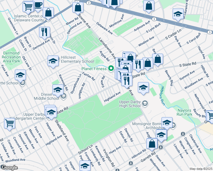 map of restaurants, bars, coffee shops, grocery stores, and more near 808 Derwyn Road in Drexel Hill