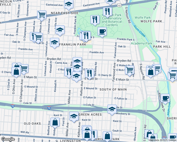 map of restaurants, bars, coffee shops, grocery stores, and more near 1571 East Rich Street in Columbus