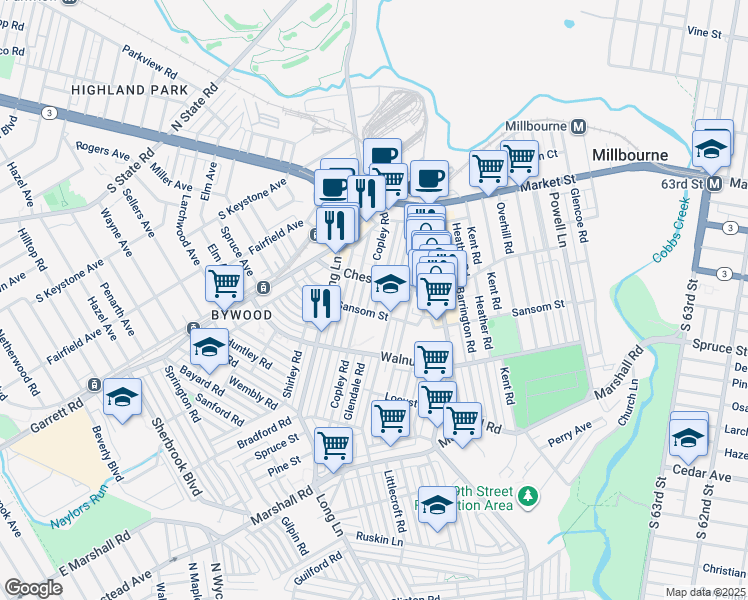 map of restaurants, bars, coffee shops, grocery stores, and more near 112 Glendale Road in Upper Darby