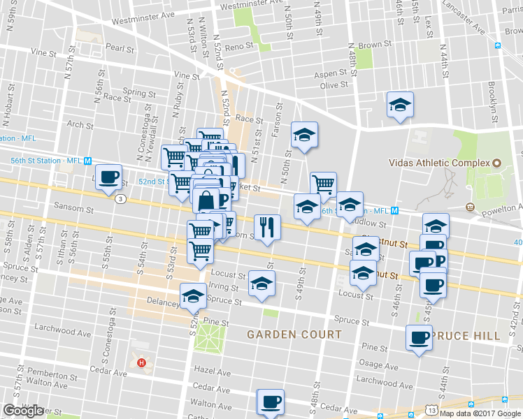 map of restaurants, bars, coffee shops, grocery stores, and more near 5036 Ludlow Street in Philadelphia