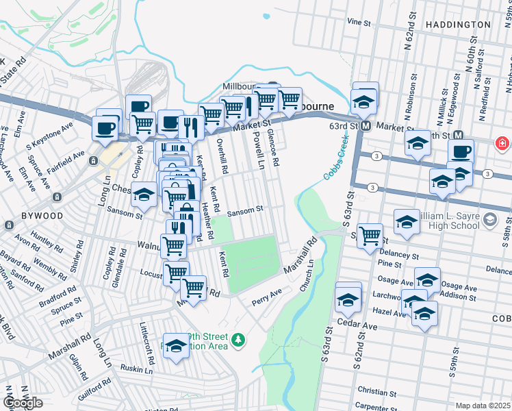 map of restaurants, bars, coffee shops, grocery stores, and more near 144 Wellington Road in Delaware County