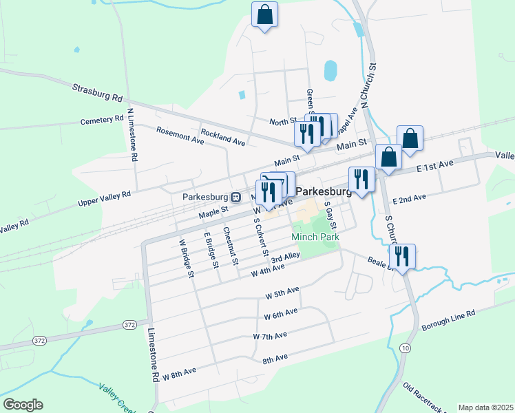 map of restaurants, bars, coffee shops, grocery stores, and more near 439 West 1st Avenue in Parkesburg