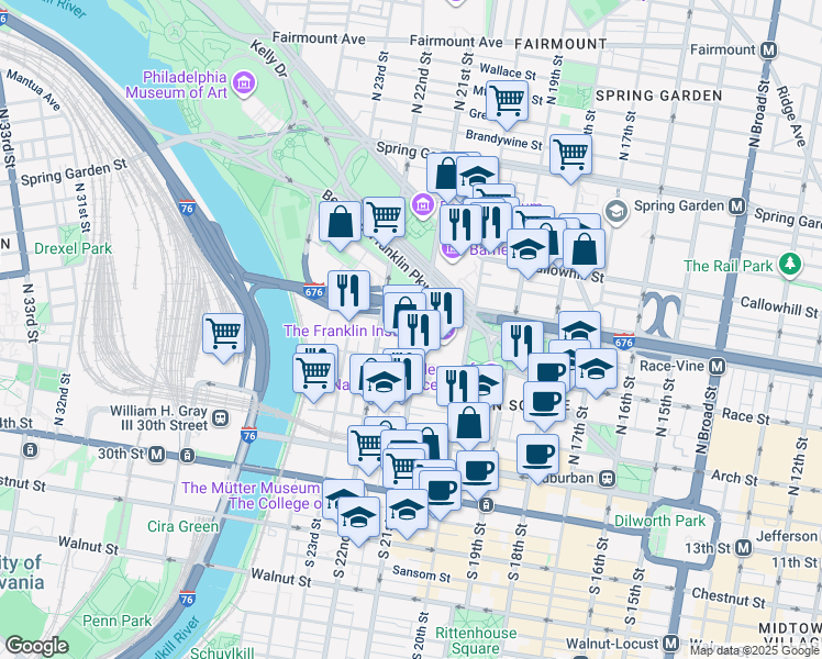 map of restaurants, bars, coffee shops, grocery stores, and more near 230 North 21st Street in Philadelphia