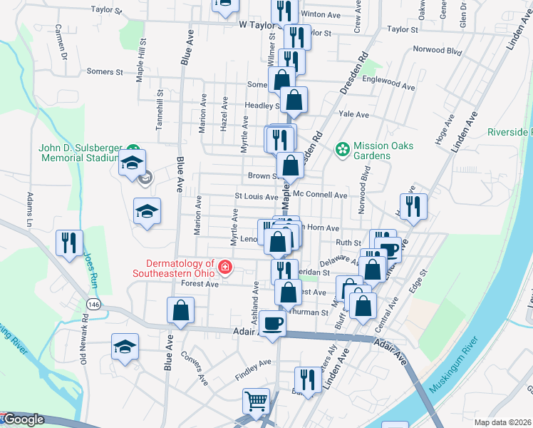 map of restaurants, bars, coffee shops, grocery stores, and more near 633 Fairmont Avenue in Zanesville