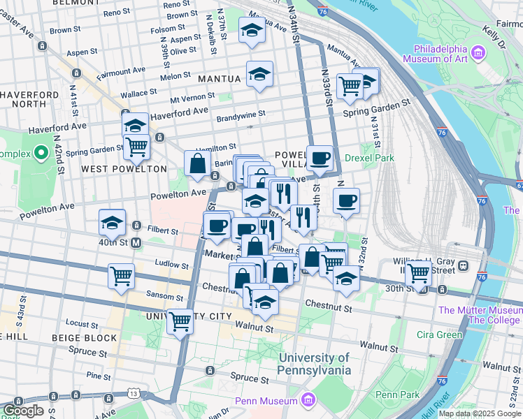 map of restaurants, bars, coffee shops, grocery stores, and more near in Philadelphia