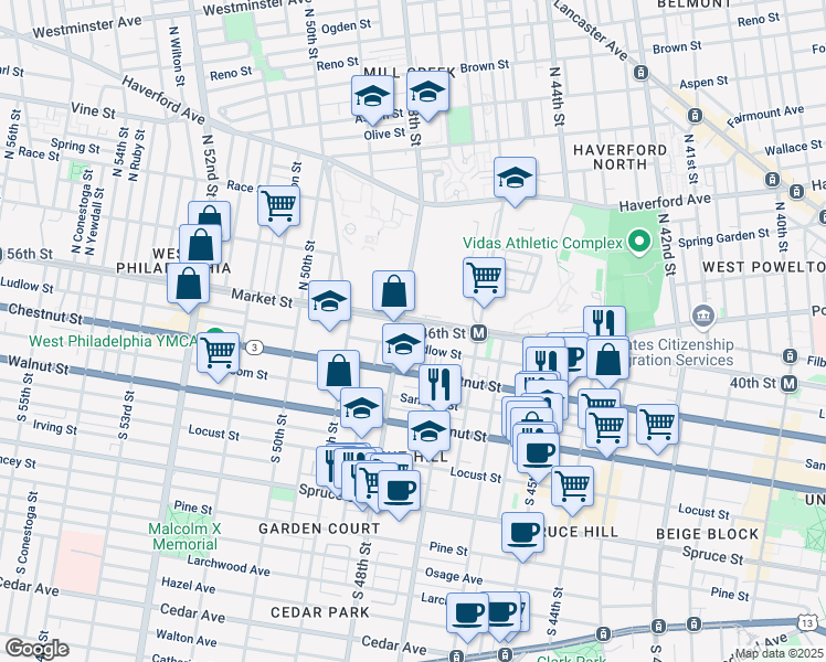 map of restaurants, bars, coffee shops, grocery stores, and more near 4750 Market Street in Philadelphia