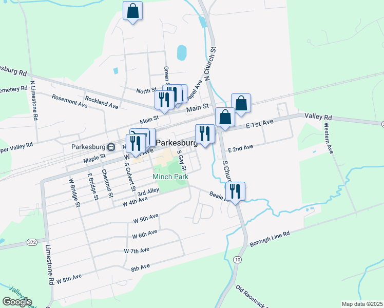 map of restaurants, bars, coffee shops, grocery stores, and more near 210 Grant Street in Parkesburg