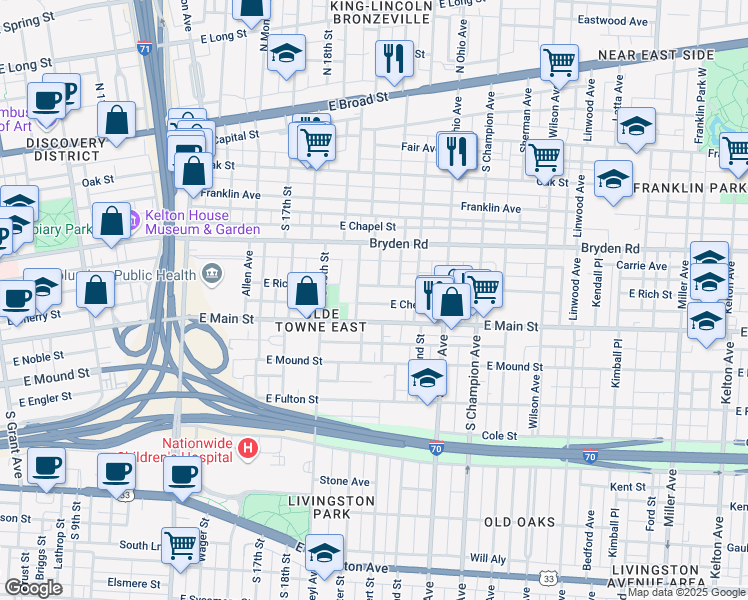 map of restaurants, bars, coffee shops, grocery stores, and more near 960 East Cherry Street in Columbus