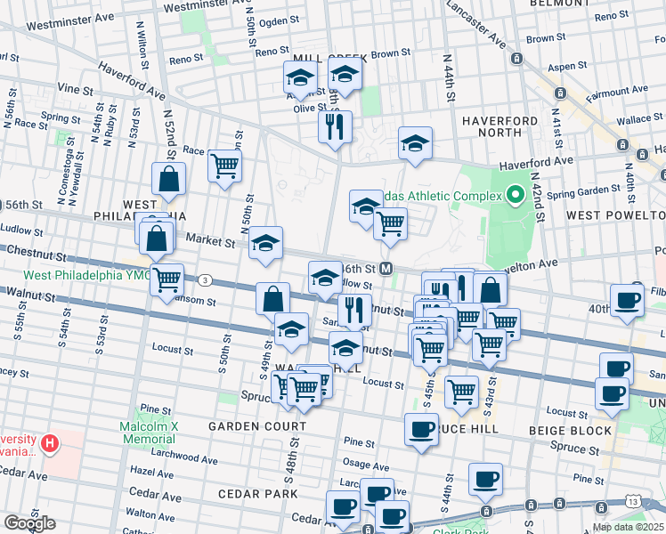 map of restaurants, bars, coffee shops, grocery stores, and more near 4750 Market Street in Philadelphia
