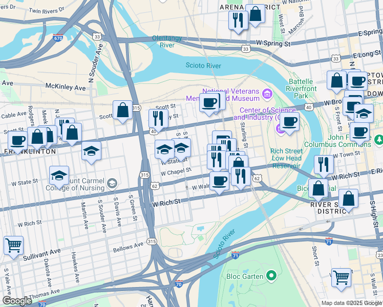 map of restaurants, bars, coffee shops, grocery stores, and more near 532 West State Street in Columbus