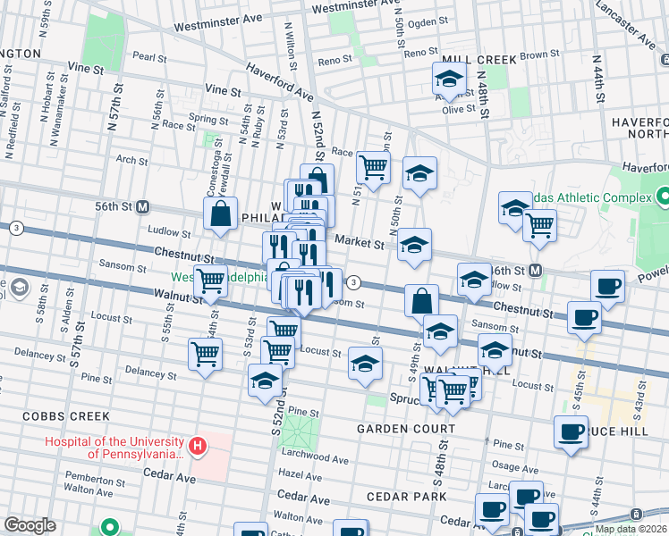 map of restaurants, bars, coffee shops, grocery stores, and more near 38 South 51st Street in Philadelphia