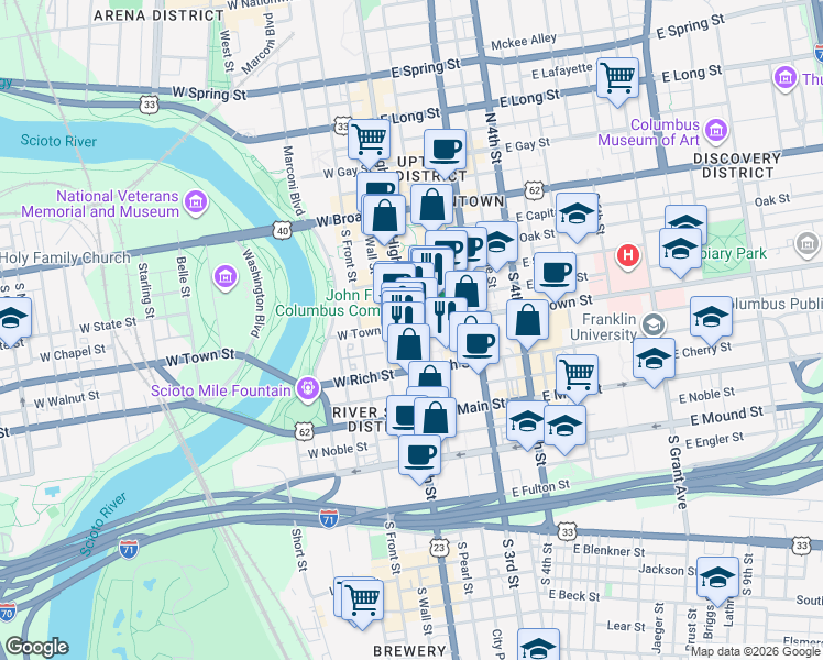 map of restaurants, bars, coffee shops, grocery stores, and more near 166 South High Street in Columbus