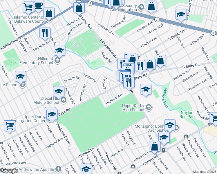 map of restaurants, bars, coffee shops, grocery stores, and more near 807 Eaton Road in Drexel Hill
