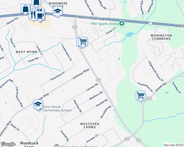 map of restaurants, bars, coffee shops, grocery stores, and more near 904 South Chester Road in West Chester