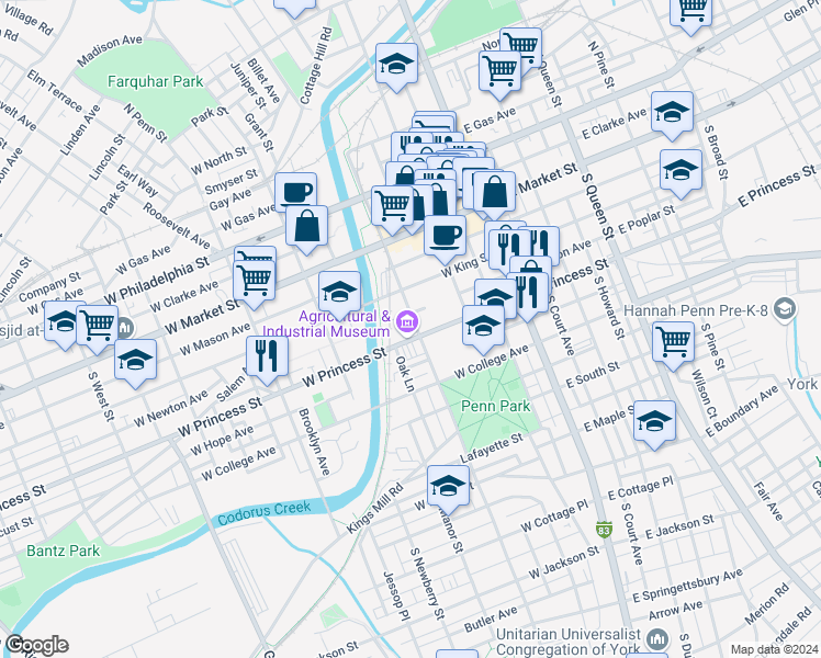 map of restaurants, bars, coffee shops, grocery stores, and more near 211 West Princess Street in York
