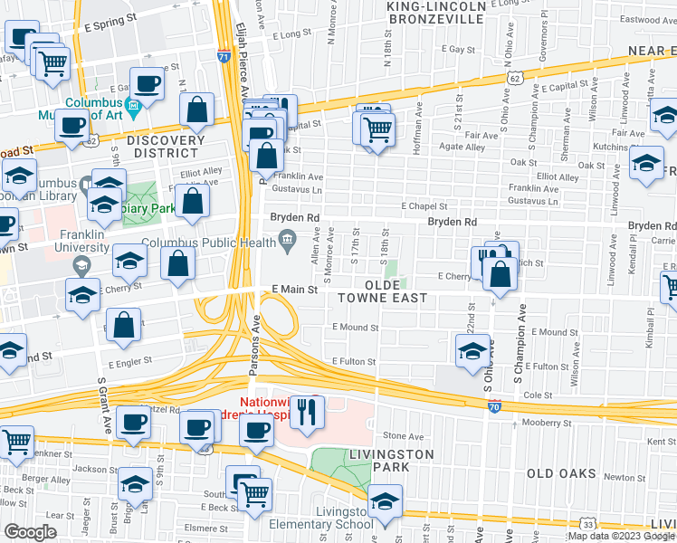 map of restaurants, bars, coffee shops, grocery stores, and more near 292 South Monroe Avenue in Columbus
