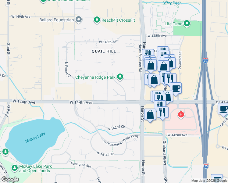 map of restaurants, bars, coffee shops, grocery stores, and more near 1158 West 144th Court in Westminster