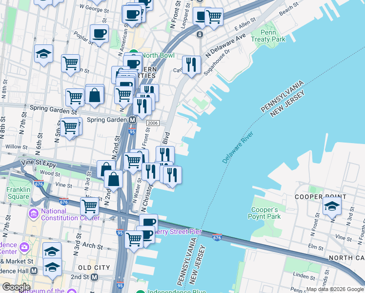 map of restaurants, bars, coffee shops, grocery stores, and more near 427-433 N Christopher Columbus Blvd in Philadelphia