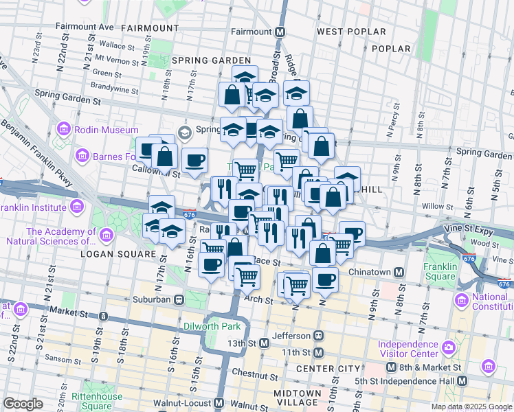map of restaurants, bars, coffee shops, grocery stores, and more near 322 North Broad Street in Philadelphia