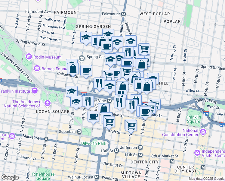 map of restaurants, bars, coffee shops, grocery stores, and more near 322 North Broad Street in Philadelphia