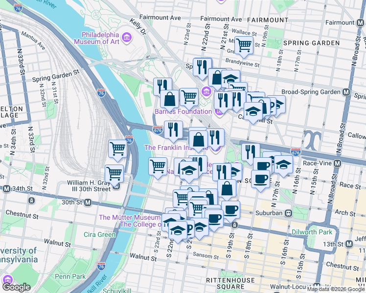 map of restaurants, bars, coffee shops, grocery stores, and more near 2144 Spring Street in Philadelphia