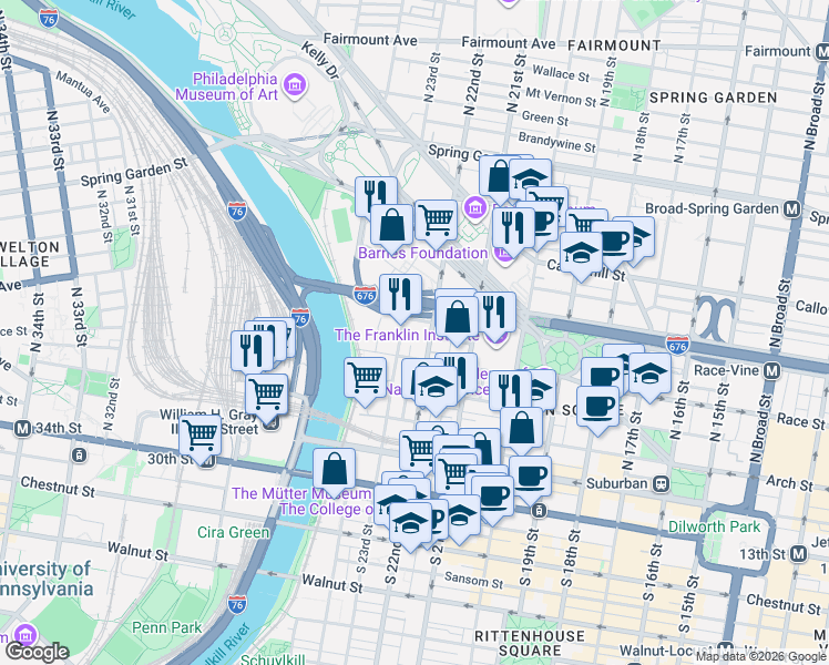 map of restaurants, bars, coffee shops, grocery stores, and more near 224 North 23rd Street in Philadelphia