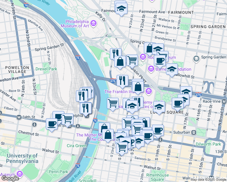 map of restaurants, bars, coffee shops, grocery stores, and more near 2368 Race Street in Philadelphia