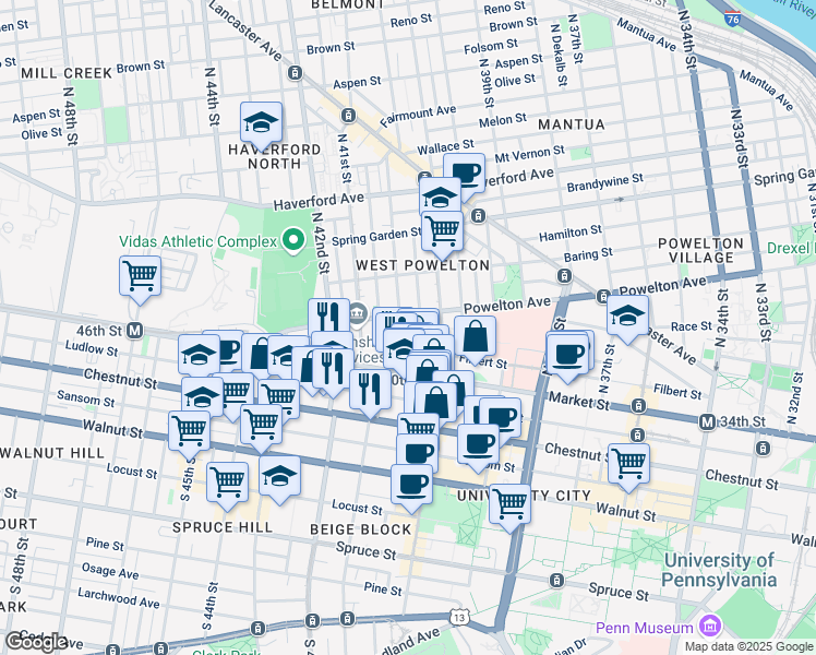 map of restaurants, bars, coffee shops, grocery stores, and more near 39 North Preston Street in Philadelphia